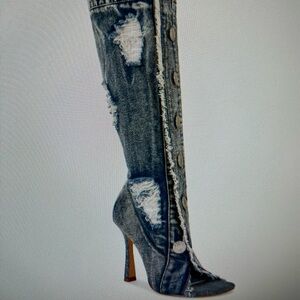 Kazuki-Denim Knee-High Stiletto Boots. New in the box